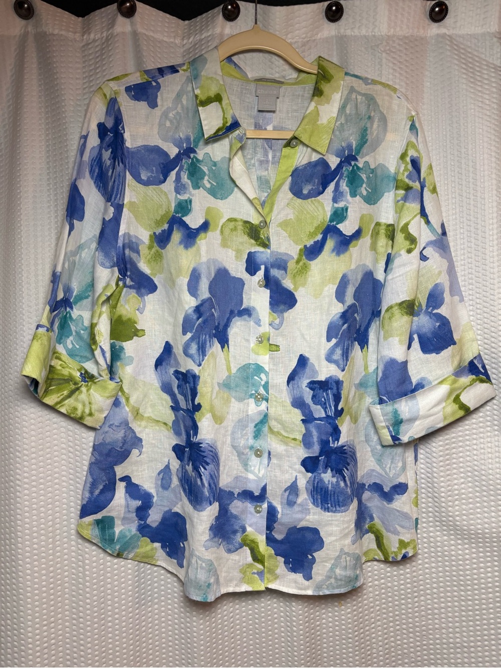 Chico’s 100% Linen V-neck Button-up 3/4 Sleeve Blouse Floral Print Size 12 - Picture 5 of 5